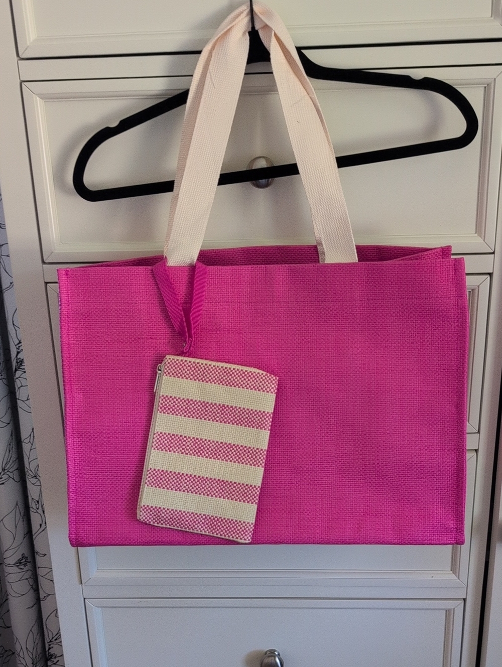 Vibrant Pink Tote with Cream Handles and Matching Zip Pouch